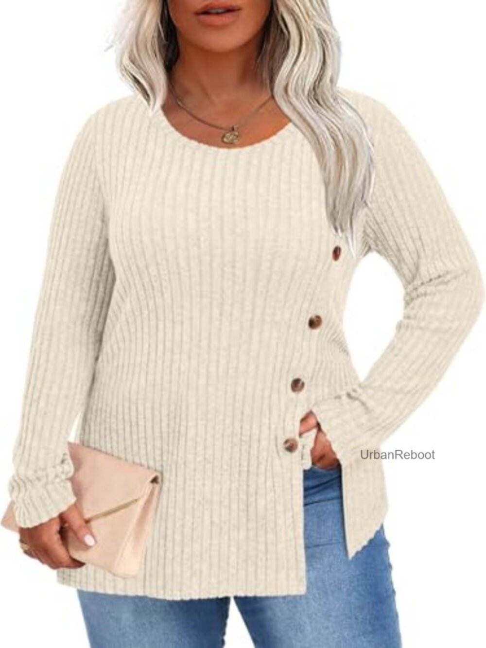 Plus Size Ribbed Knit Tunic Sweater Side Button Loose Pullover